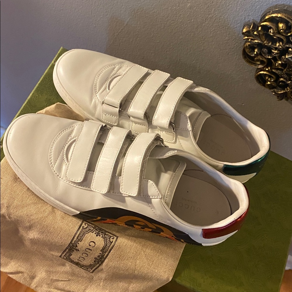 💚🤍❤️Gucci Ace Interlocking GG Leather 3 Strap  Flat Sneakers Shoes White size:10 - Picture 6 of 16